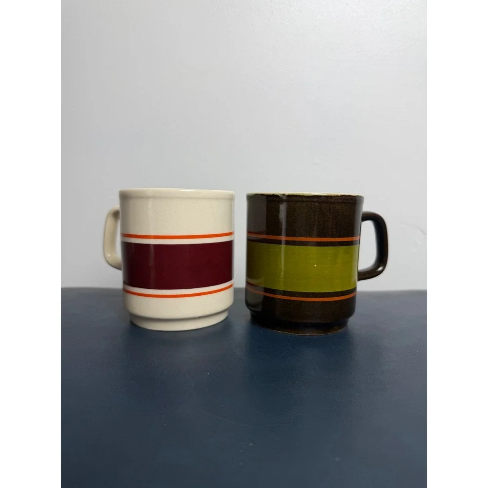 Mid century striped retro coffee mugs set of 2 Made in Romania